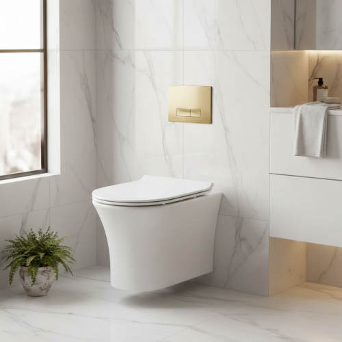 Munich Wall Hung Toilet & SAN85 1.1m Wall Hung WC Frame Deal & Brushed Brass Flush Plate (21451)