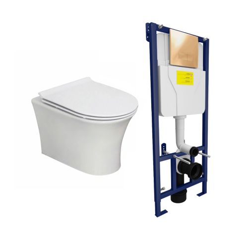 Munich Wall Hung Toilet & SAN85 1.1m Wall Hung WC Frame Deal & Brushed Brass Flush Plate (21451)