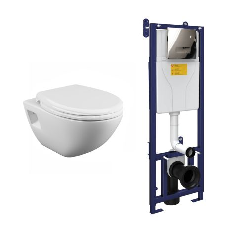 Newton Wall Hung Toilet & SAN85 1.1m Wall Hung WC Frame Deal & Chrome Flush Plate (21103)