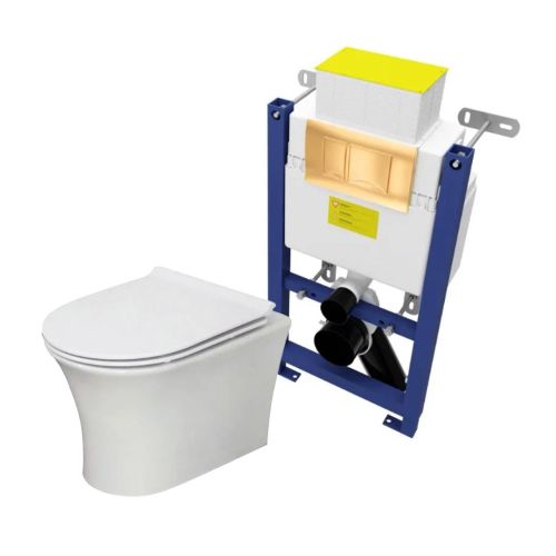 Munich Wall Hung Toilet & SAN140 Wall Hung WC Frame & Brushed Brass Flush Plate