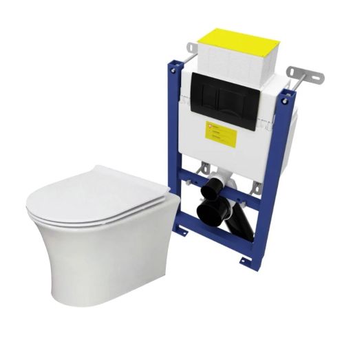 Munich Wall Hung Toilet & SAN140 Wall Hung WC Frame & Matt Black Flush Plate