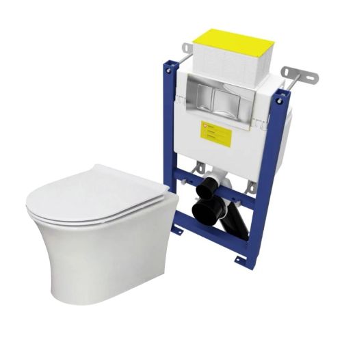 Munich Wall Hung Toilet & SAN140 Wall Hung WC Frame & Chrome Flush Plate