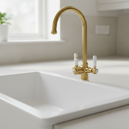 Traditional Cruciform 3-in1 Hot Water Kitchen Tap inc Boiler and Filter - Gold Finish