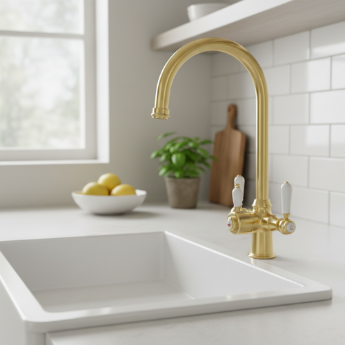 Traditional Cruciform 3-in1 Hot Water Kitchen Tap inc Boiler and Filter - Brushed Brass Finish