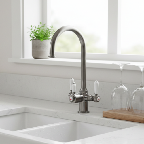 Traditional Cruciform 3-in1 Hot Water Kitchen Tap inc Boiler and Filter - Gun Metal Finish