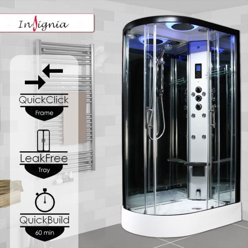 Insignia Premium 1200 x 800mm Quadrant Steam Shower Enclosure with Black Frame PR12R-OBF-CG-S - Right Hand (10236)