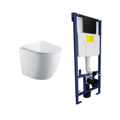 Remo Wall Hung Toilet & SAN85 1.1m Wall Hung WC Frame Deal & Black Flush Plate (21449)