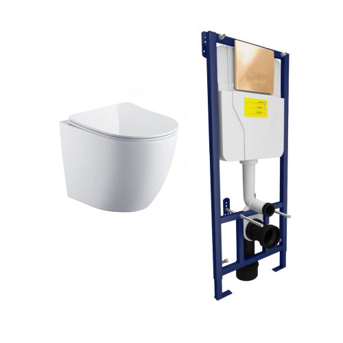 Remo Wall Hung Toilet & SAN85 1.1m Wall Hung WC Frame Deal & Brushed Brass Flush Plate (21453)