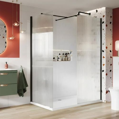 Kiimat Aqua 8mm Fluted Glass Wetroom Panel 700mm with Black Profile 