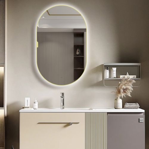 Tablet Backlit LED Mirror Cabinet 800 x 500mm with Demister - Brushed Brass