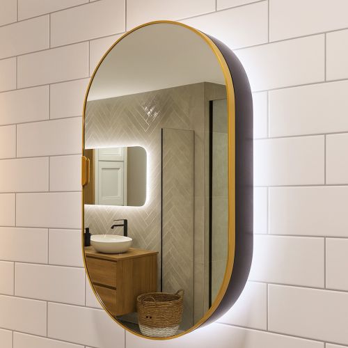 Tablet Backlit LED Mirror Cabinet 800 x 500mm with Demister - Brushed Brass