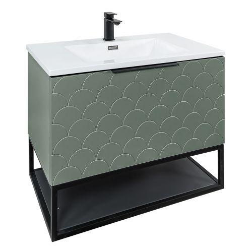 Josef Martin Viso 800mm Wall Mounted Scallop Vanity Unit & Inset Basin with Black Frame - Spring Green 