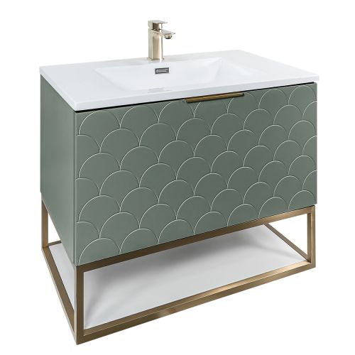Josef Martin Viso 800mm Wall Mounted Scallop Vanity Unit & Inset Basin with Brushed Brass Frame - Spring Green 