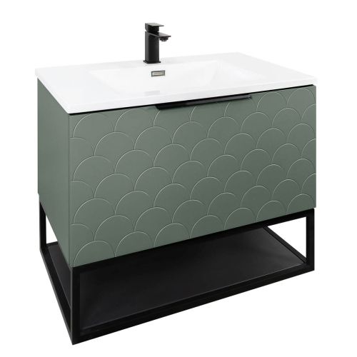 Josef Martin Viso 800mm Wall Mounted Scallop Vanity Unit & Inset Basin with Black Frame - Spring Green 
