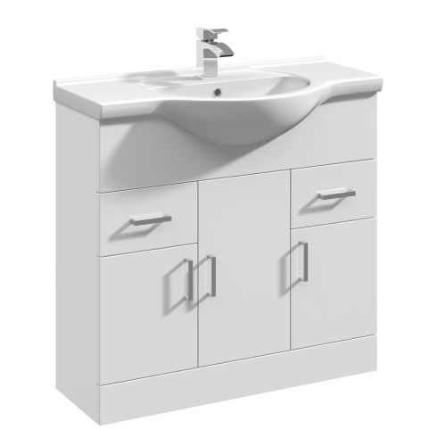 Nuie Mayford 850mm Floor Standing Gloss White Cabinet & Ceramic Round Basin (13423)