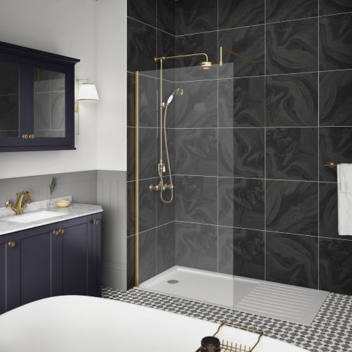 Hudson Reed 800mm Wetroom Screen & Support Bar - Brushed Brass (20744)